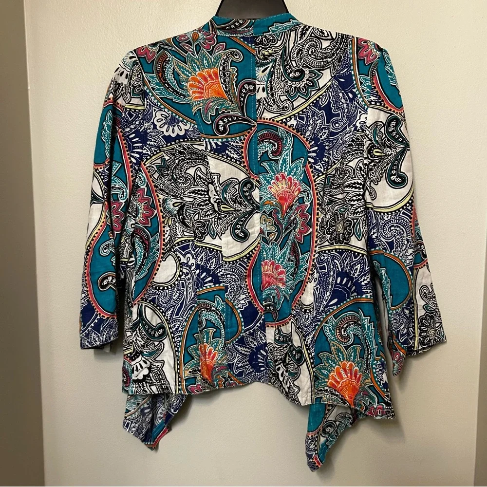 Chicos Linen Jacket Womens 1 US Blue Paisley Open‎ Front 3/4 Sleeves Lagenlook